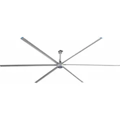 Industrial HVLS ceiling fan with 20 ft blade diameter delivering 247,000 cfm airflow. Operates on 230V AC three-phase power at 11/7.5 A with variable speed control. Suitable for large facilities requiring efficient air circulation in high-ceiling spaces. No light kit included.