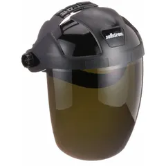 Uncoated, reusable polycarbonate faceshield with a 9 in visor height and 12 1/8 in visor width. Black headgear. Designed for impact and splash protection in industrial welding and cutting operations.