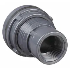 PVC through-wall fitting with 2 in female NPT threaded inside and 2 in female socket outside. Used to create a leak-proof connection through tank or vessel walls for fluid transfer. Suitable for water treatment, chemical processing, and industrial fluid systems requiring corrosion resistance.