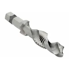 Combination tool for drilling, tapping, and countersinking 3/8-16 UNC threads in a single operation. Overall length 3-1/4 in. Not impact rated. Suitable for metalworking, electrical panel fabrication, and general maintenance where threaded holes are required.