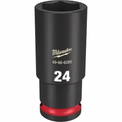 This 1/2" drive impact socket features a 24 mm metric size, 6-point deep profile, and friction retention. Designed for use with impact wrenches in heavy-duty fastening and loosening tasks. Black Phosphate finish. Manufacturer part number 49-66-6285.