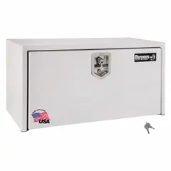 Single drop-down door box constructed from white steel with a keyed lock for secure storage. Designed for under-vehicle mounting on service trucks and fleet vehicles to organize and protect tools and equipment.
