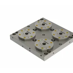 Square steel zero point system fixturing subplate with 300 mm width, 300 mm length, and 35 mm height. Weighs 55.13 lb and includes 15 studs. Used as a precise, repeatable mounting interface for pallets and fixtures in CNC machining and workholding applications.