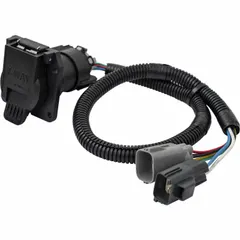 This 7-way trailer connector is constructed from steel with a 10 ga wire gauge and spring mechanism. It is used to connect a tow vehicle's electrical system to a trailer for powering lights, brakes, and signals in fleet and vehicle maintenance towing applications.