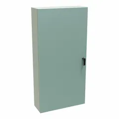 This steel enclosure measures 48 x 24 x 8 inches and features a solid hinged cover with latch closure. Rated NEMA 12/3R/4, it is suitable for indoor or outdoor applications requiring protection against dust, rain, and hose-directed water. No knockouts are included.
