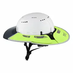 This MILWAUKEE sun visor is made of green polyester and features a suspension-mount design for attachment to hard hats and safety helmets. It provides shade and reduces glare for outdoor work environments. Compatible with standard hard hats.