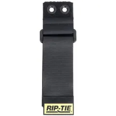 Hook-and-loop cable tie with brass grommets for permanent mounting to panels or racks. 16-inch length, 2-inch width, accommodates bundles up to 4.00 inches in diameter. Tensile strength of 90 lb. Color: Black.