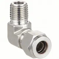 Stainless steel compression fitting adapter with double-ferrule design. Connects 10 mm OD tubing to a 3/8 in male NPT threaded port. Compatible with Swagelok fittings. Used in industrial fluid systems for leak-tight tube-to-pipe connections