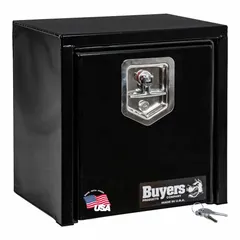 This single drop-down door box from BUYERS PRODUCTS is finished in black with a 15-inch overall depth and a keyed lock. It is designed for underbody mounting on trucks to provide secure, organized storage for tools and equipment during transport.