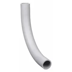 This 90-degree conduit elbow is made of Schedule 80 PVC for use in rigid nonmetallic conduit systems. It has a 2-1/2 in trade size and an overall length of 16-1/2 in. The elbow provides a smooth 90° bend to route electrical wiring around corners in conduit runs, suitable for industrial, commercial, and utility installations.