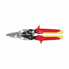 Straight-cut aviation snip with steel construction and TPR handles. Overall length 10 in, cutting length 1-1/2 in. Used for cutting thin metal in sheet metal work, ductwork, and general fabrication.