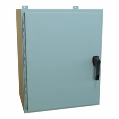 This steel enclosure measures 30 x 24 x 16 inches and features a solid hinged cover with a handle closure. Rated NEMA 12/13/3R/4, it provides protection against dust, falling dirt, rain, and hose-directed water. Suitable for housing electrical controls and instrumentation in wet, dusty, or corrosive environments. Knockouts are not included.