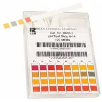 RICCA CHEMICAL pH test strips provide a quick visual indication of pH across the full 0 to 14 pH range with a resolution of 1.0 pH. Each strip measures 4 inches in length and 3 inches in width. Suitable for water testing, educational labs, and general industrial process monitoring where low precision is acceptable