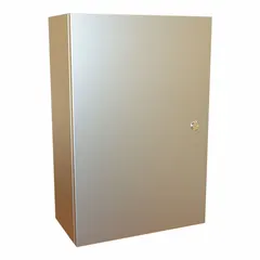 This 304 stainless steel enclosure measures 24 x 16 x 8 inches and is rated NEMA 12/13/3R/4/4X for indoor or outdoor use where protection from dust, water, and corrosion is required. It features a hinged cover with a 1/4-turn latch closure. Knockouts are not included. Typical applications include housing electrical controls, terminals, and instruments in industrial environments.