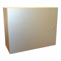 This 304 stainless steel enclosure measures 16 x 20 x 8 inches and is rated NEMA 12/13/3R/4/4X for indoor and outdoor use. It features a hinged cover with a 1/4-turn latch. Knockouts are not included. Typical applications include protecting electrical controls, terminals, and instruments in environments requiring corrosion resistance and washdown capability