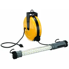 This LED lighted cord reel provides a 40 ft retractable extension cord with a hand lamp. The lamp delivers 600 lumens at 6500K color temperature, consuming 7.5 W. Cord is 18 AWG SJT with a 5-15P plug. Suitable for task lighting in maintenance, repair, and inspection applications.
