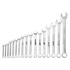 This set includes 17 metric combination wrenches with 12-point openings for a secure grip on hex fasteners. Made of alloy steel with a satin finish, the wrenches cover head sizes from 7 mm to 27 mm. The set is supplied in a tool roll for organized storage and transport. Suitable for tightening and loosening metric nuts and bolts in maintenance and repair tasks.