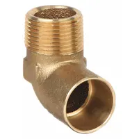 This low-lead cast copper elbow features a Cup (sweat) connection on one end and a male NPT thread on the other, allowing a 90-degree turn between copper tube and threaded pipe. It is used in potable water and hydronic heating systems for joining 1-inch CTS copper tube to 1-inch male NPT pipe threads