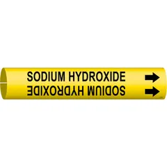 Yellow snap-on pipe marker with black legend reading 'Sodium Hydroxide' and directional arrows. Fits pipe outer diameters from 3/4 to 1-3/8 inches. Used to label pipes carrying sodium hydroxide in industrial piping systems for clear identification of contents and flow direction.