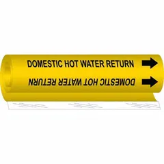 Yellow wrap-around pipe marker with black legend 'Domestic Hot Water Return' and directional arrows. Fits pipe outer diameters from 1/2 to 1-3/8 inches. Used to identify domestic hot water return lines in facility piping systems, aiding in flow direction tracing and maintenance.