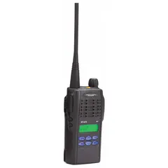UHF analog handheld two-way radio with 4 W output and 255 channels. Features alphanumeric display, 13-hour battery life, and IP65-rated protection against dust and water. Requires FCC license for operation. Suitable for voice communication in industrial, warehousing, and field service environments.