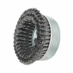 This wide-face heavy-cleaning brush is designed for contoured carbon steel surfaces. It features standard twist knot wire bristles with a 0.02 in fill diameter and a 6 in diameter. The brush connects via a 5/8"-11 arbor hole. Suitable for removing rust, scale, and weld splatter in industrial maintenance and fabrication applications.