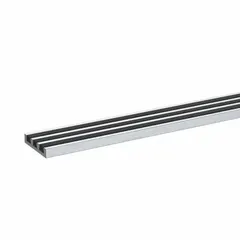 This aluminum stair nosing is fastener-installed and features a black finish with embedded grit for slip resistance. It measures 60 inches in width and 1 7/8 inches in depth. Suitable for use on stair edges in industrial, warehouse, and commercial settings to improve traction under foot traffic and equipment loads.