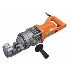 This portable corded rebar cutting shear operates on 115V AC and delivers 15 tons of cutting force. It is designed for cutting rebar up to #5 size on construction sites, suitable for concrete reinforcement, bridge, and building projects.