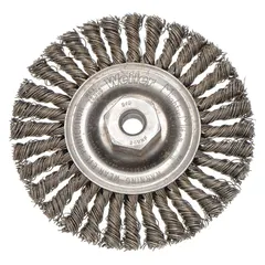 Stainless steel stringer bead brush for cleaning weld joints on stainless steel surfaces. Removes slag, discoloration, and oxidation without contaminating the base metal. Suitable for fabrication, piping, and structural welding applications. 4" diameter, 3/16" face width, M10 x 1.25 arbor.