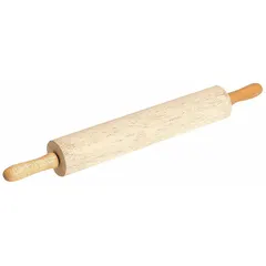 Wood rolling pin with an 18-inch barrel length and 26-inch overall length. Used for flattening dough in commercial and residential kitchens, suitable for pastry, pizza dough, and cookie sheets.