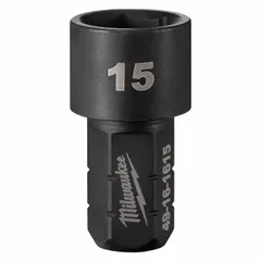 This 15 mm, 6-point short impact socket is designed for high-torque fastening applications. With an overall length of 1 41/64 in, its short profile allows access in confined spaces. The black oxide finish provides corrosion resistance. Suitable for use with impact drivers in automotive, construction, and industrial maintenance tasks.