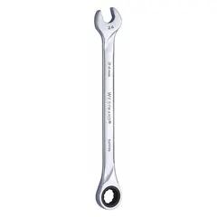 This 24 mm metric 12-point ratcheting combination wrench is made of alloy steel with a chrome finish. It has a standard, rounded head design and a 14-inch overall length. Suitable for tightening and loosening fasteners in industrial maintenance, assembly, and repair applications.