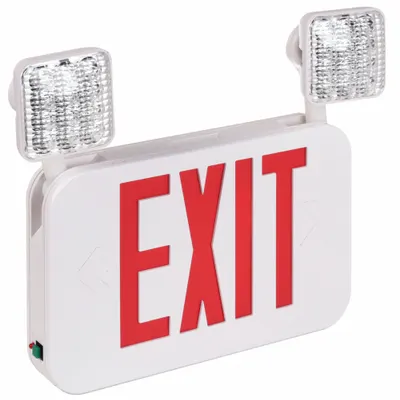 FULHAM Exit Sign with Emergency Lights: White, 2 Faces, Red, LED, Ceiling/Wall - Plastic Exit Signs with Square Top-Mount Light Heads