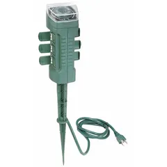This extension cord with power stake features a 6 ft 14/3 SJTW cord and a 5-15P NEMA plug. It provides six outlets with a 15 A current rating. A built-in photocell automatically activates the outlets at dusk, enabling dusk-to-dawn operation for connected devices. Suitable for outdoor lighting and equipment power distribution.