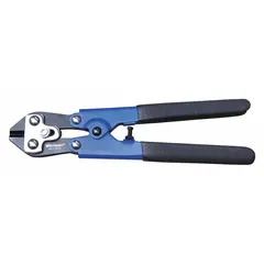These miniature bolt and chain cutters are constructed of steel with a blue finish. They are designed for cutting soft steel and hard steel up to 1/4 inch maximum diameter. Typical applications include cutting rods, bolts, or chain links in maintenance, construction, and metalworking tasks.