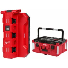 This multi-port charger operates on 120V AC input and charges up to six 18V DC batteries simultaneously. A 5 Ah battery reaches full charge in one hour. Suitable for job sites and workshops where multiple cordless tools are used, reducing downtime.