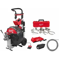 This cordless drum machine head kit and cable is powered by the MX FUEL battery system. It is designed for cleaning 3 in to 6 in pipes, suitable for clearing blockages in drain lines. The kit includes the head and cable, enabling cordless operation for portability on job sites.