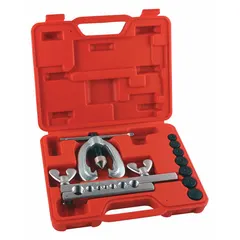 This 9-piece brake tubing service kit is constructed from carbon steel with an overall length of 8 9/10 inches. Designed to extend tubing for connecting, it is used for flaring and servicing brake lines in vehicle maintenance and repair applications.
