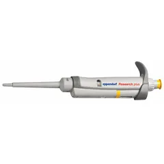 This Eppendorf single-channel pipettor is a manual adjustable volume instrument with a maximum capacity of 200 µL and 0.2 µL volume increments. It is autoclavable for sterilization and features a yellow color. Typical applications include precise liquid handling in laboratory settings such as sample preparation, reagent dispensing, and serial dilutions.