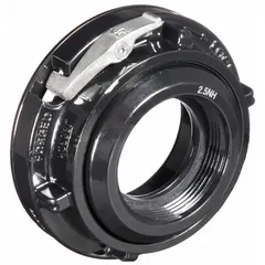 This aluminum rigid adapter connects a 2-1/2 in NH fire hose to a 4 in Storz coupling on hydrants or standpipes. It is used in fire-protection systems for water-supply connections in municipal, industrial, and commercial settings.