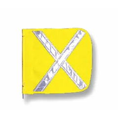 Yellow replacement flag for warning whip assemblies, featuring a white reflective X pattern. Measures 11 inches in height and 12 inches in width. The reflective X enhances visibility in low-light conditions, suitable for marking slow-moving or stationary vehicles and equipment.