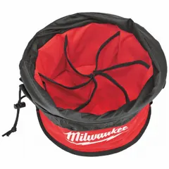 Red canvas bucket bag with drawstring closure and 8 pockets for organizing tools and accessories. Measures 11 13/16 in W x 11 in H x 11 13/16 in L. Stackable design for efficient storage on job sites.