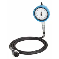 This diesel fuel pressure gauge is designed for use with diesel engines. It measures 9 1/2 inches in length and features a black, blue, and white color scheme. The tool is used to diagnose fuel system issues such as low pressure, clogged filters, or failing pumps