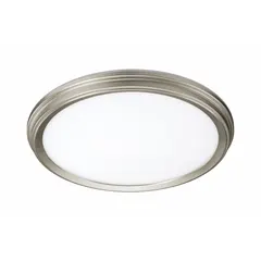 This standard round surface-mount downlight features an integrated LED light source delivering 900 lumens. It offers selectable color temperatures of 3000K, 4000K, or 5000K and operates on 120V AC with 14W power consumption. The fixture has a brushed nickel finish and a height of 1 3/4 inches. Suitable for general ambient lighting in low-ceiling areas such as hallways, bedrooms, and basements.