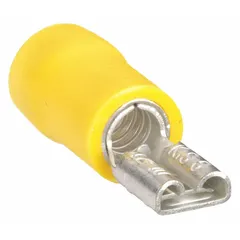 Female quick disconnect socket with yellow vinyl partial insulation. Accepts 12 AWG to 10 AWG wire. Used for making removable electrical connections in control panels, machinery, and industrial equipment where full insulation coverage is not required.