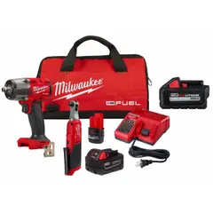 This combination kit includes an impact wrench and a ratchet, both compatible with M12 and M18 battery platforms (12 V DC or 18 V DC). Suitable for fastening and loosening bolts in automotive, construction, and industrial maintenance tasks.
