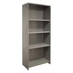 This boltless steel post kit includes three pieces of 24 ga gray steel with beaded edges. Designed for assembling standard metal shelving units in industrial storage applications such as warehouses and distribution centers. Overall height is 85 inches.