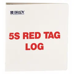 This polyethylene binder is designed for organizing and tracking red-tag items in lean workplace organization systems. It includes one binder with a 1 1/2-inch ring size and preprinted '5S Red Tag Log' text in English, supporting 5S methodology in industrial facilities.