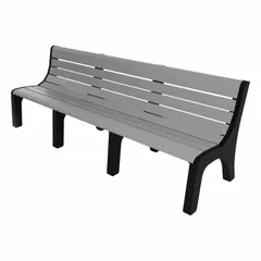 This outdoor bench from the Newport series features a vandal-resistant resinwood construction with a gray plank seat and black frame. It measures 96 inches in overall length and 33 3/8 inches in overall height. Suitable for public and commercial spaces requiring durable, low-maintenance seating.