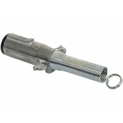Steel 2-way trailer connector with spring mechanism. Accepts 4, 5, or 6 gauge wire. Used for electrical connections in trailer lighting and auxiliary systems on commercial vehicles and equipment.